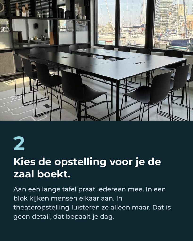 Tip 2: Kies de opstelling voor je de zaal boekt. Aan een lange tafel praat iedereen mee. In een blok kijken mensen elkaar aan. In theateropstelling luisteren ze alleen maar.
